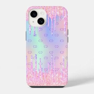 Pink holographic glitter drips monogram iPhone 14 case