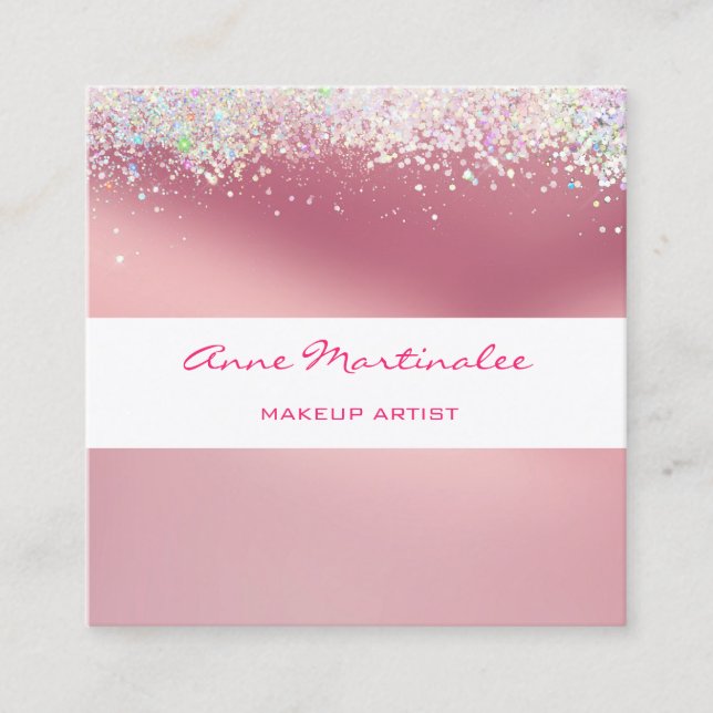Pink Holographic Glitter Square Business Card (Front)