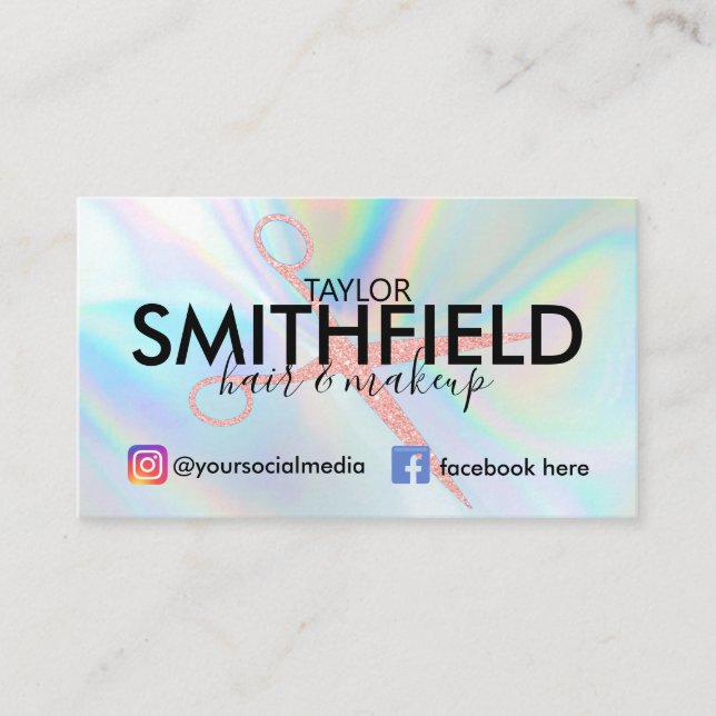 Pink Holographic Hair & Makeup Trendy Business Card (Front)