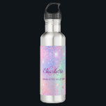 Pink holographic monogram girl 710 ml water bottle<br><div class="desc">A trendy  holographic background colours in pink,  purple,  mint green. Decorated faux sparkles. Personalise and add your first name,  monogram initials and full name. Purple and pink coloured letters.</div>