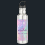 Pink holographic monogram girl 710 ml water bottle<br><div class="desc">A trendy  holographic background colours in pink,  purple,  mint green. Decorated faux sparkles. Personalise and add your first name,  monogram initials and full name. Purple and pink coloured letters.</div>
