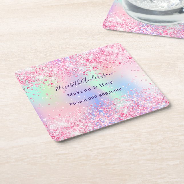 Pink holographic name business square paper coaster (Angled)