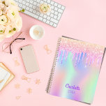 Pink holographic name drips 2025 planner<br><div class="desc">A trendy holographic coloured background with unicorn and rainbow pastel colours in pink,  purple mint green. Decorated with faux drips in pink and purple. Personalise and add a name,  written with a girly modern hand lettered style script.  Add a year.   Purple coloured letters.</div>
