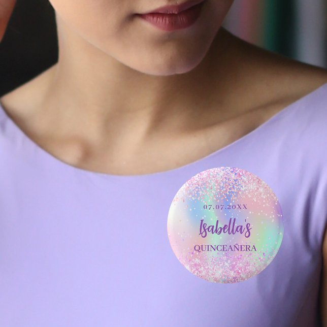 Pink holographic name Quinceanera 3 Cm Round Badge (Creator Uploaded)