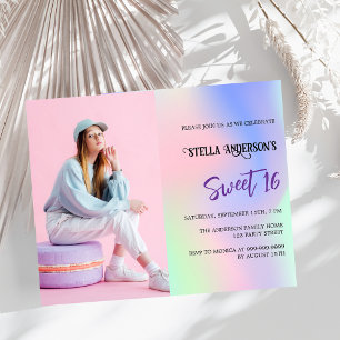 Pink holographic photo budget Sweet 16 invitation
