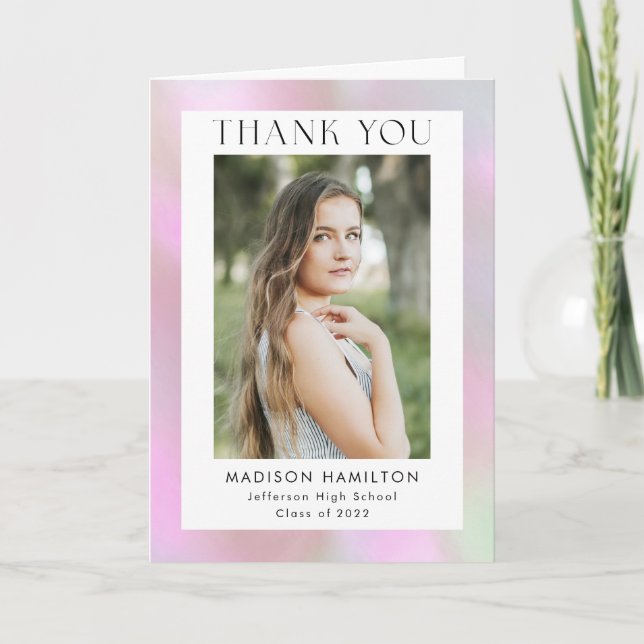 Pink Holographic Photo Graduation Thank You Card (Front)