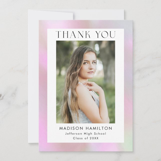 Pink Holographic Photo Graduation Thank You Card (Front)