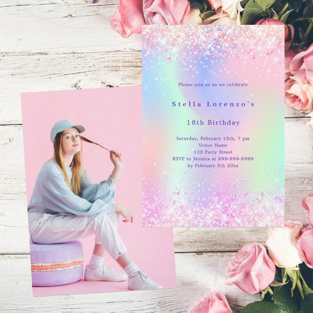 Pink holographic photo luxury birthday invitation (Creator Uploaded)