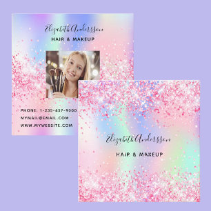 Pink holographic photo qr code square business card