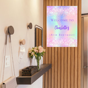 Pink holographic purple birthday party welcome poster