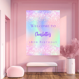 Pink holographic purple birthday party welcome poster