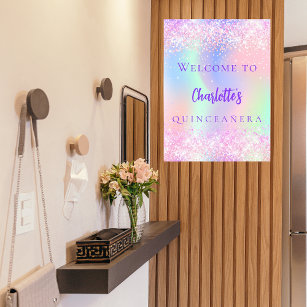 Pink holographic purple Quinceanera welcome Poster
