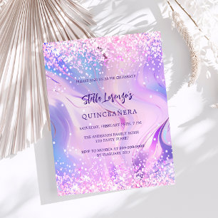 Pink holographic Quinceanera budget invitation