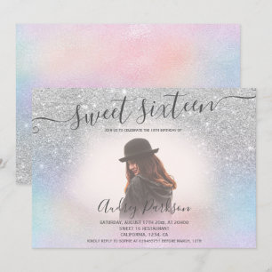 Pink holographic silver glitter Sweet 16 photo Invitation