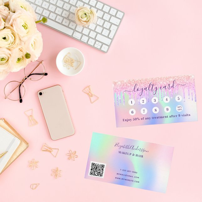 Pink holograpic glitter drips qr code loyalty card (Creator Uploaded)