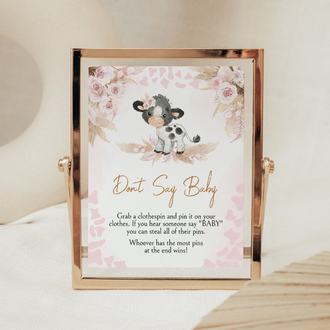 Pink Holy Cow Baby Shower Don't Say Baby Poster (Highland Cow Baby Shower Don't Say Baby Sign)
