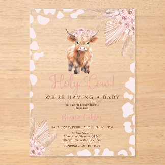 Pink Holy Cow Boho Dried Flower Baby Shower Acrylic Invitations