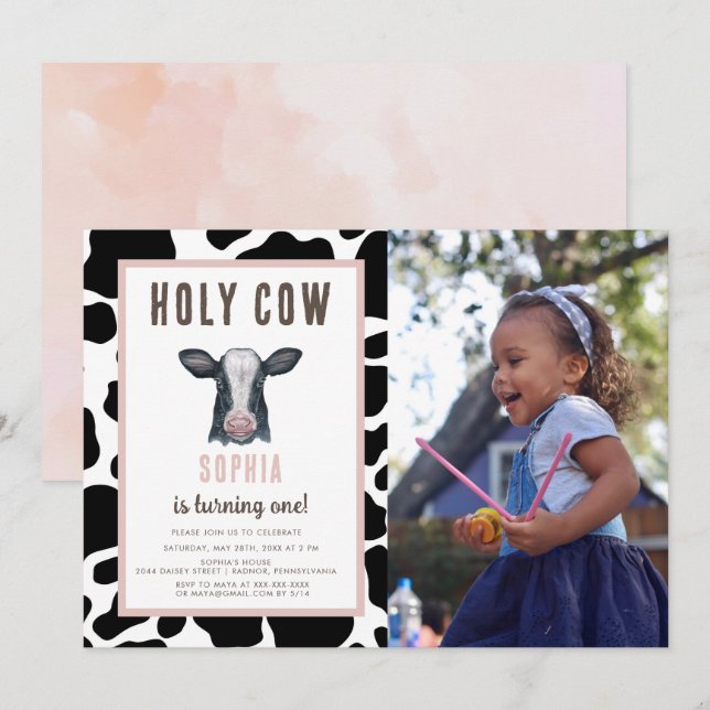 Pink Holy Cow I'm One Birthday  Invitation (Front/Back)