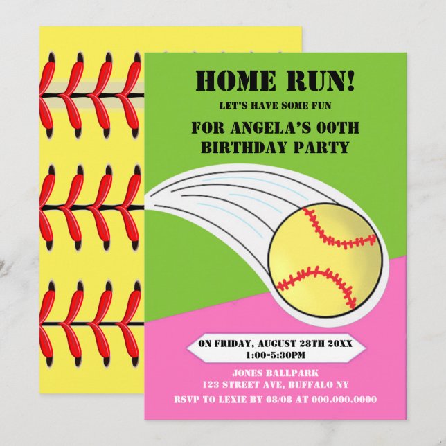 Pink Home Run Softball Birthday Party  (Front/Back)