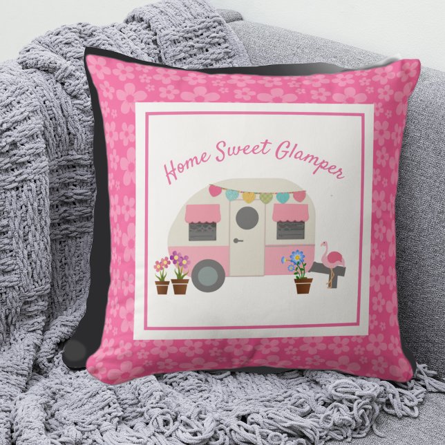 Pink Home Sweet Glamper Camper Throw Pillow (Creator Uploaded)