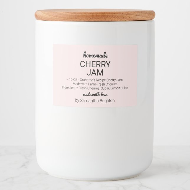 Pink Homemade Cherry Jam Kitchen Pantry Canning Food Label (Front)