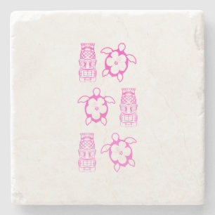 Pink Honu And Tiki Mask Stone Coaster