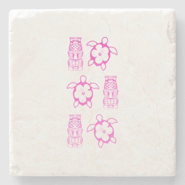 Pink Honu And Tiki Mask Stone Coaster (Front)