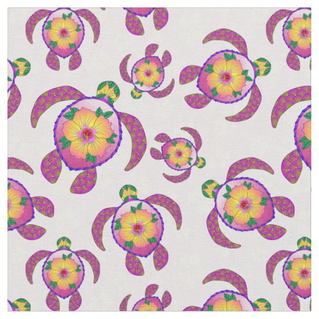 Pink Honu Turtles Hibiscus Flowers Fabric (Close Up)