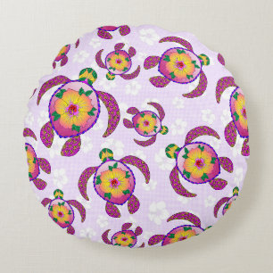 Pink Honu Turtles Hibiscus Flowers Round Cushion