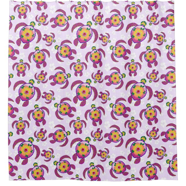 Pink Honu Turtles Hibiscus Flowers Shower Curtain (Front)
