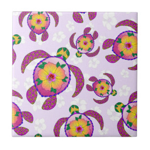 Pink Honu Turtles Hibiscus Flowers Tile