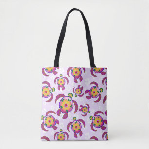 Pink Honu Turtles Hibiscus Flowers Tote Bag