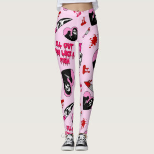 Pink Horror Slasher Pattern Spooky Valentine Kni Leggings