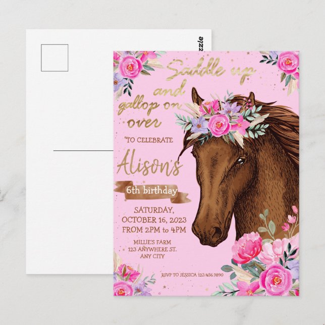 Pink Horse Birthday Party Cowgirl Postcard (Front/Back)