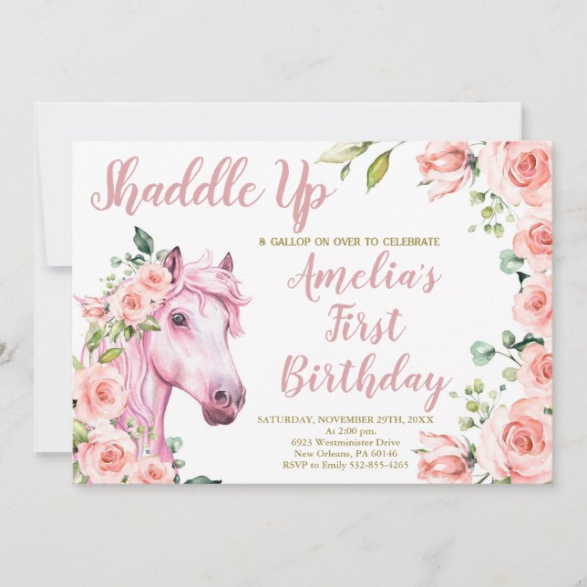 Pink Horse Birthday Party, Girl Birthday Invitation (Front)