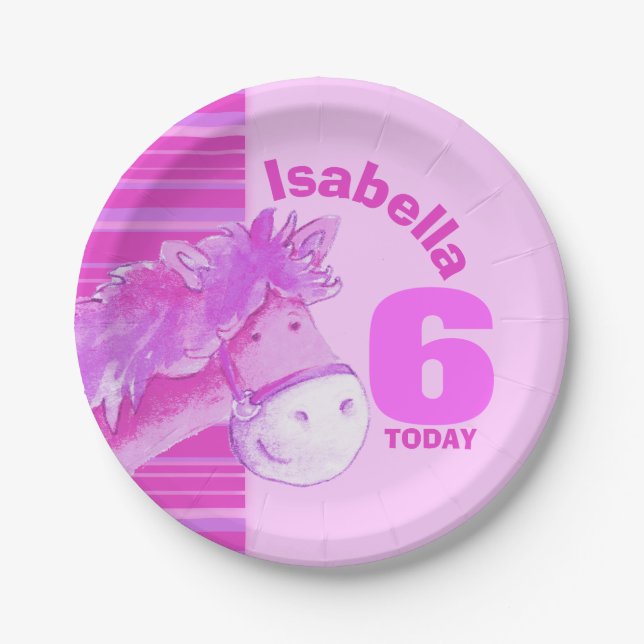 Pink horse watercolor birthday party custom plate (Front)