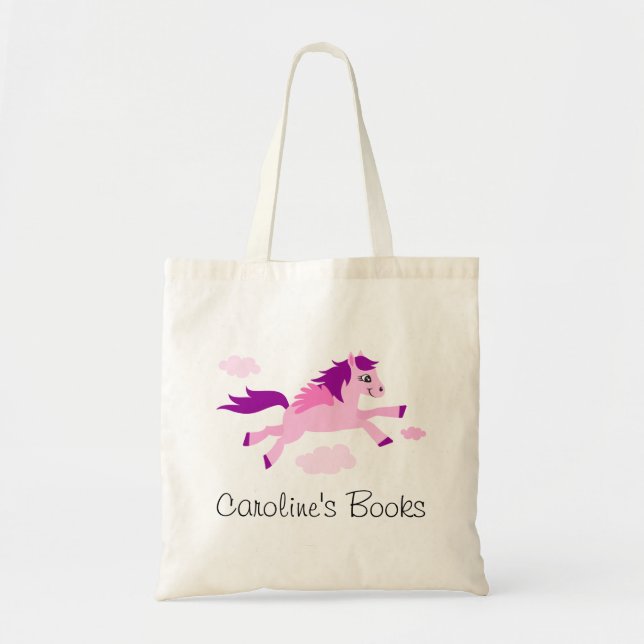 Pink horse with wings personalised library book tote bag (Front)