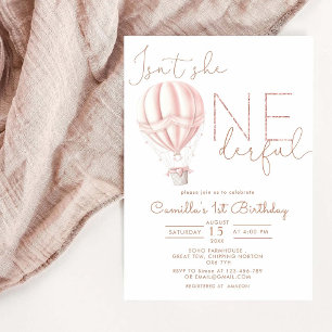 Pink Hot Air Ballon Onederful Girl 1st Birthday Invitation