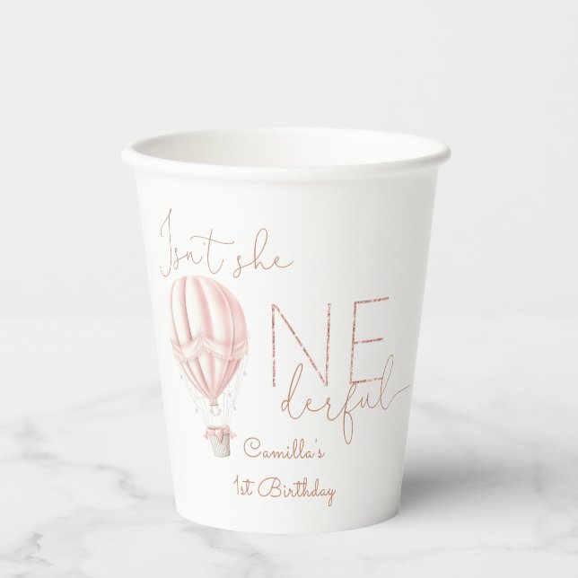 Pink Hot Air Ballon Onederful Girl 1st Birthday Paper Cups (Front)