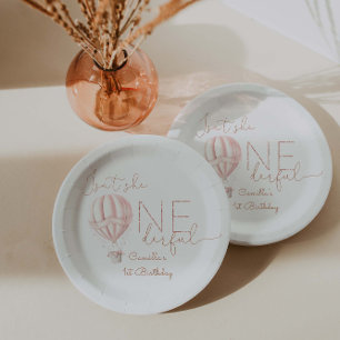 Pink Hot Air Ballon Onederful Girl 1st Birthday Paper Plate