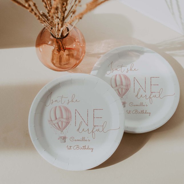 Pink Hot Air Ballon Onederful Girl 1st Birthday  Paper Plate (Creator Uploaded)