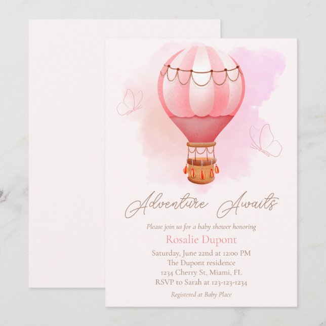 Pink Hot Air Balloon Adventure Awaits Baby Shower Invitation (Front/Back)