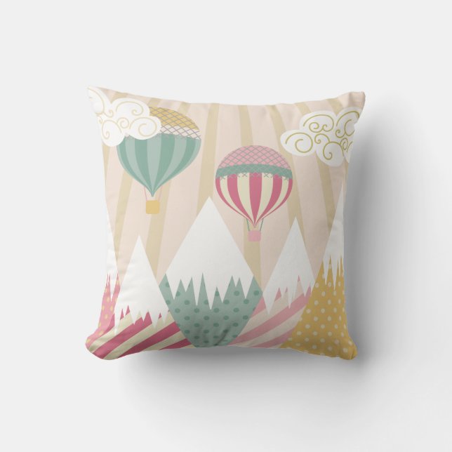 Pink Hot Air Balloon and Mountain Scene Cushion (Front)