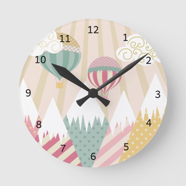Pink Hot Air Balloon and Mountain Scene Round Clock (Front)