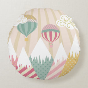 Pink Hot Air Balloon and Mountain Scene Round Cushion