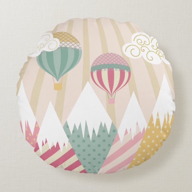 Pink Hot Air Balloon and Mountain Scene Round Cushion (Front)