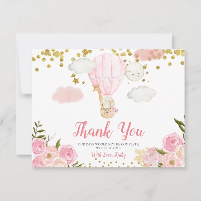 Pink Hot Air Balloon Animals Baby Shower Thank You Card (Front)