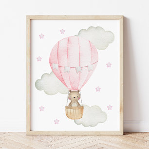 Pink Hot Air Balloon, Animals, Bear, Girl Nursery Poster