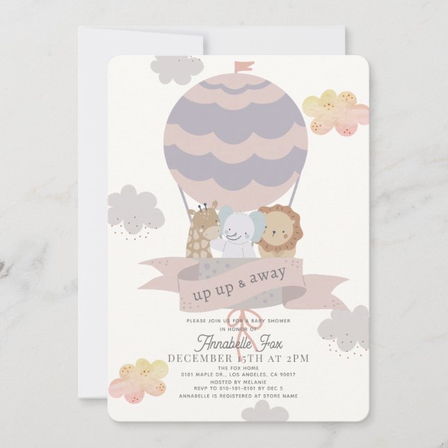 Pink Hot Air Balloon Animals Girl Baby Shower Invitation (Front)
