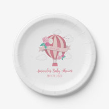 Pink Hot Air Balloon Baby Girl Shower Paper Plates